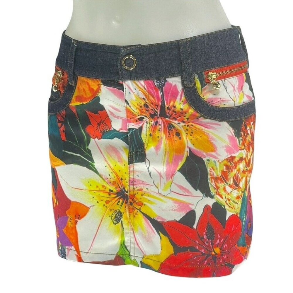 Bernini Womens Floral Mini Skirt Size 7 With Denim Accents